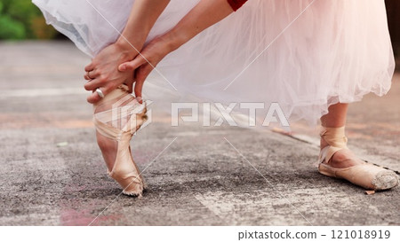 Stretching, shoes and ballet with woman in street of Japan for dancing, performance and talent. Dancer , theatre and ballerina with closeup of feet of person in city for outdoor, warm up and artist Stretching, shoes and ballet with woman in street of Japan for dancing, performance and talent. Dancer , theatre and ballerina with closeup of feet of person in city for outdoor, warm up and artist 121018919