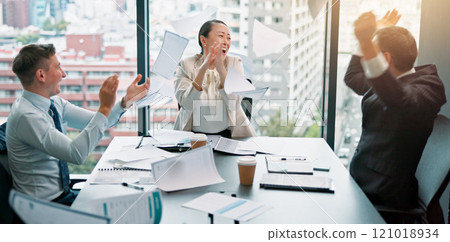 Clapping, client and people in boardroom, celebration and negotiation for business deal and success. Office, accomplishment and group with paperwork for proposal, excited and sales manager in Japan Clapping, client and people in boardroom, celebration and negotiation for business deal and success. Office, accomplishment and group with paperwork for proposal, excited and sales manager in Japan 121018934