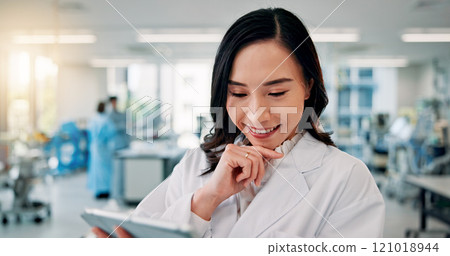 Doctor, tablet and thinking with healthcare woman in hospital for breakthrough, diagnosis or research. Medical, planning and smile of Japanese medicine professional in clinic for treatment decision Doctor, tablet and thinking with healthcare woman in hospital for breakthrough, diagnosis or research. Medical, planning and smile of Japanese medicine professional in clinic for treatment decision 121018944