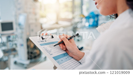 Clipboard, checklist and writing with woman in laboratory for medical, science study or future research. Healthcare, vaccine report and test with Japanese person for inventory, notes and results Clipboard, checklist and writing with woman in laboratory for medical, science study or future research. Healthcare, vaccine report and test with Japanese person for inventory, notes and results 121019009