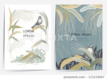 Vector illustration of frame set of a Silver Grass Field with Little Bird   121019067