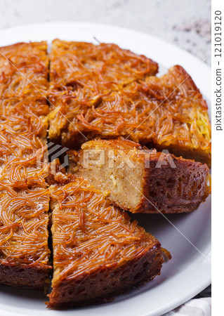 Traditional kugel - casserole from caramelized sweet noodles. 121019120