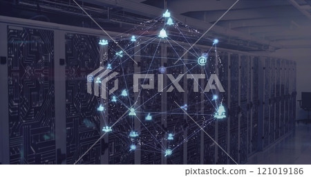 Image of globe of connections with data processing over computer servers Image of globe of connections with data processing over computer servers 121019186