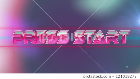 Image of press start text in pink metallic letters over blurred colourful lights 121019272