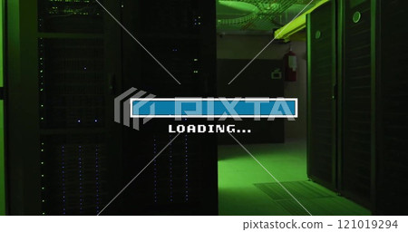 Image of loading text and time bar over dark server room 121019294