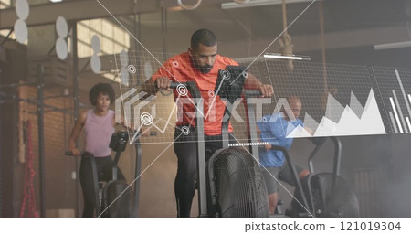 Image of financial data processing over diverse people using elliptical bikes on gym 121019304