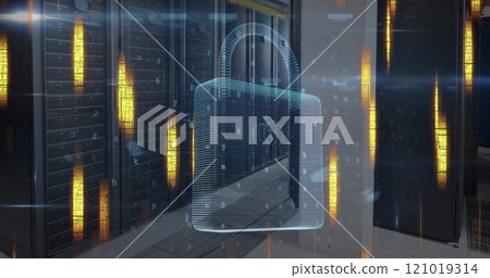 Image of data processing with padlock over server room 121019314