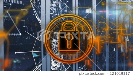 Image of network of connections with padlock over server room 121019317