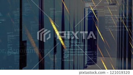 Image of data processing with falling lines over server room Image of data processing with falling lines over server room 121019320