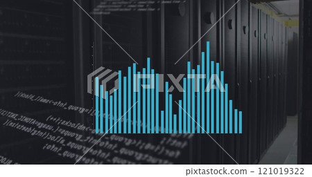 Image of data processing with diagrams over server room Image of data processing with diagrams over server room 121019322