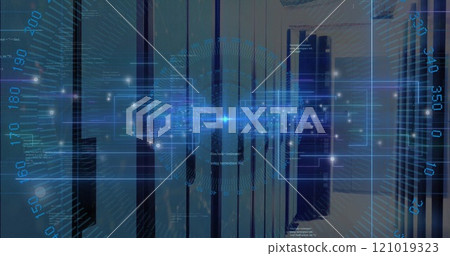 Image of data processing with neon shapes over server room Image of data processing with neon shapes over server room 121019323