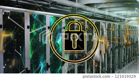 Image of network of connections with padlock over server room 121019329