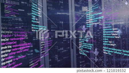 Image of data processing with arrows over server room 121019332