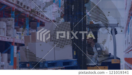 Image of globe and digital data processing over caucasian man in forklift working in warehouse 121019341