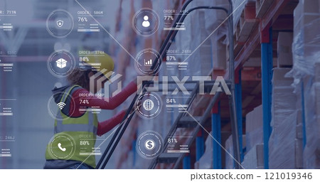 Image of icons and digital data processing over biracial woman working in warehouse 121019346