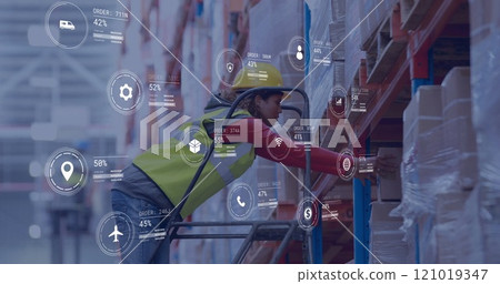 Image of icons and digital data processing over biracial woman working in warehouse 121019347