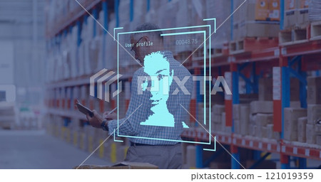 Image of biometric photo and digital data processing over caucasian man working in warehouse 121019359
