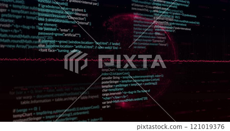 Image of data processing and diagrams over globe on black background 121019376
