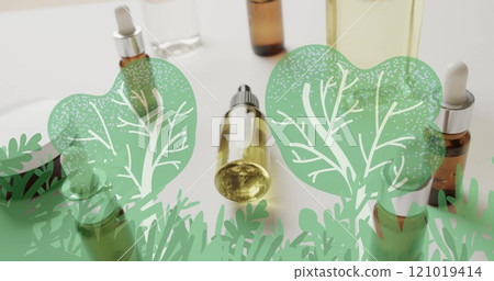 Image of green plants leaves and trees over organic beauty products in jars and bottles 121019414