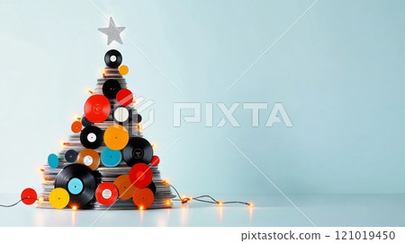 Creative Christmas tree made of colorful vinyl records 121019450