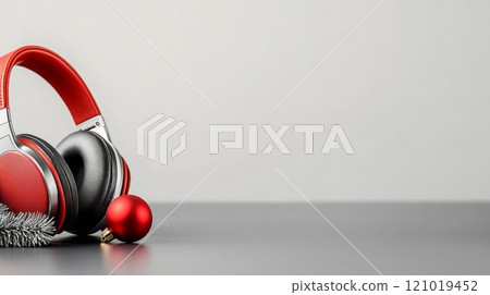 estive Christmas background with headphones and holiday decorations estive Christmas background with headphones and holiday decorations 121019452
