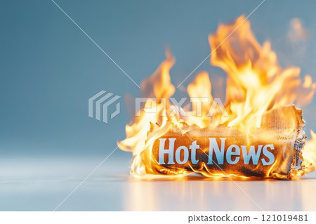 Burning newspaper with Hot News headline, symbolizing urgency and impactful information 121019481