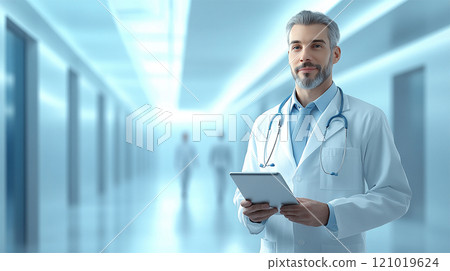 Close-up of doctor in white coat using iPad in hospital corridor 121019624
