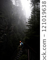 The Mysterious Hiker in the Foggy Forest Canyon Offers a Captivating Adventure Experience 121019638