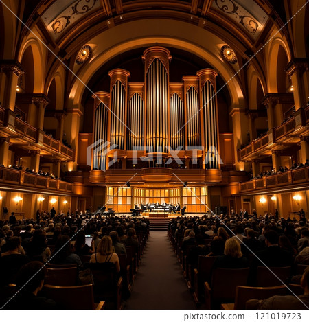 A magnificent concert hall with a grand organ, hosting a musical performance attended by a large, captivated audience in an elegant setting A magnificent concert hall with a grand organ, hosting a musical performance attended by a large, captivated audience in an elegant setting 121019723