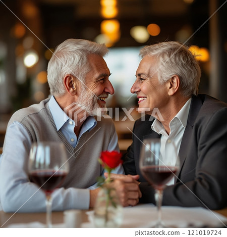 An elderly couple sharing laughter and love during a romantic dinner at a cozy restaurant, with wine and a rose on the table An elderly couple sharing laughter and love during a romantic dinner at a cozy restaurant, with wine and a rose on the table 121019724