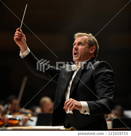 A dynamic conductor passionately directs an orchestra during a concert, exuding energy and precision 121019733
