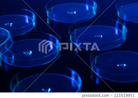 Close up of laboratory dishes with liquid and copy space on blue background Close up of laboratory dishes with liquid and copy space on blue background 121019951