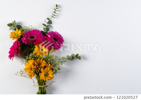 Bunch of pink and yellow flowers with copy space on white background Bunch of pink and yellow flowers with copy space on white background 121020527