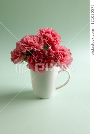 Vertical image of bunch of pink carnation flowers in white mug with copy space on green background 121020575