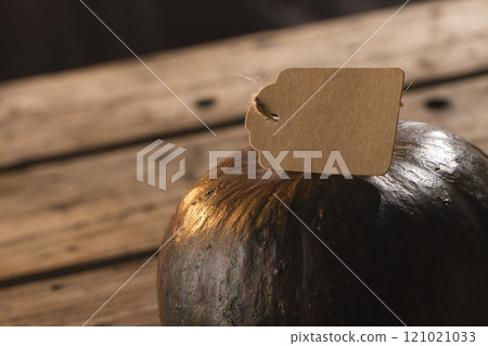 Pumpkin with tag with copy space on brown background Pumpkin with tag with copy space on brown background 121021033