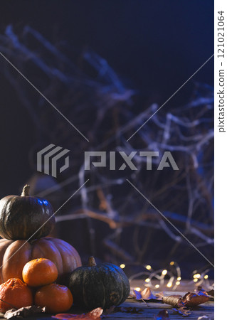 Vertical image of pumpkins and dry leaves with copy space on dark background Vertical image of pumpkins and dry leaves with copy space on dark background 121021064