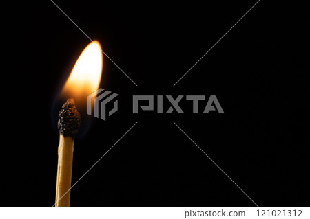 Close up of lit match with copy space on black background 121021312