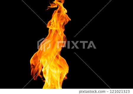 Close up of yellow and orange flames and copy space on black background 121021323