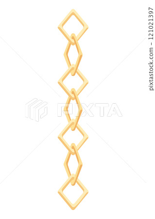 Metal chainlets with variety chain links. Gold vector illustration isolated on white background. Jewelry from precious metals. For jewelry store ad, fashion concept 121021397