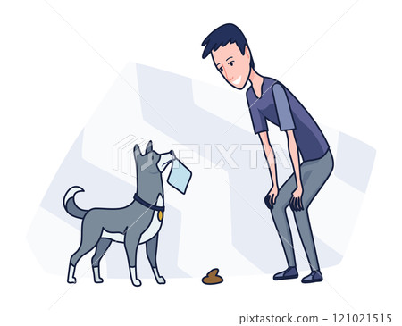 Cleaning after dog. Pet owner picking up pet waste during walk in public park. Animal responsibility of trash clean rules concept. Linear vector illustration Cleaning after dog. Pet owner picking up pet waste during walk in public park. Animal responsibility of trash clean rules concept. Linear vector illustration 121021515