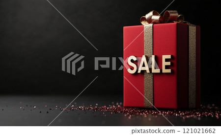 Festive Sale Banner with Gift Box and Golden Bow on Black Background Festive Sale Banner with Gift Box and Golden Bow on Black Background 121021662