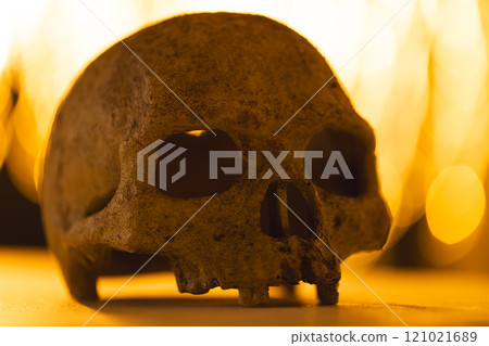 Skull and yellow bokeh blurred lights with copy space and wooden surface 121021689
