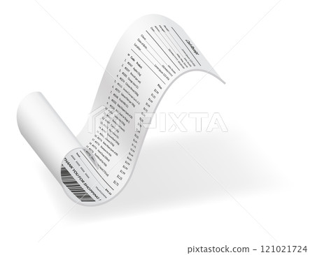 Payment check or receipts with shadow. Curved financial paper, purchase invoice. Buying, bill or calculate pay. Receipt the seller form 121021724
