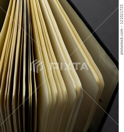 Micro of notebook pages and copy space on grey background Micro of notebook pages and copy space on grey background 121021725