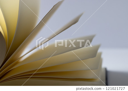 Micro of notebook pages and copy space on grey background Micro of notebook pages and copy space on grey background 121021727