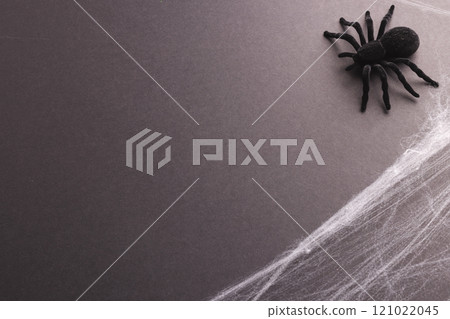 Halloween spider and spiderweb decorations with copy space on yellow background Halloween spider and spiderweb decorations with copy space on yellow background 121022045