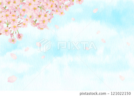 Hand-painted watercolor painting: A refreshing blue sky and cherry blossoms in the upper left corner, with branches and buds 121022150
