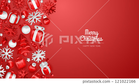 Happy New Year and Merry Christmas. Christmas holiday background with realistic 3d objects, violet and white bauble balls, conical metal stars, gift. Levitation falling design composition. 121022166