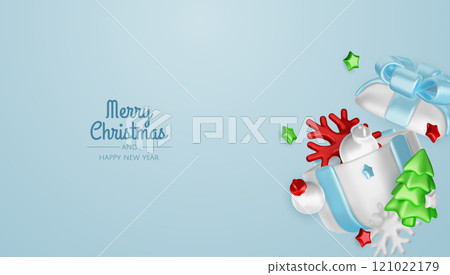 Happy New Year and Merry Christmas. Christmas holiday background with realistic 3d objects, bauble balls, conical metal stars. Levitation falling design composition. Happy New Year and Merry Christmas. Christmas holiday background with realistic 3d objects, bauble balls, conical metal stars. Levitation falling design composition. 121022179