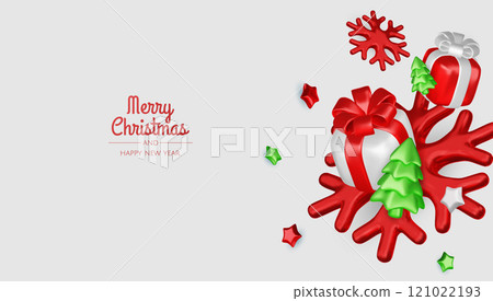 Happy New Year and Merry Christmas. Christmas holiday background with realistic 3d objects, violet and white bauble balls, conical metal stars, gift. Levitation falling design composition. 121022193
